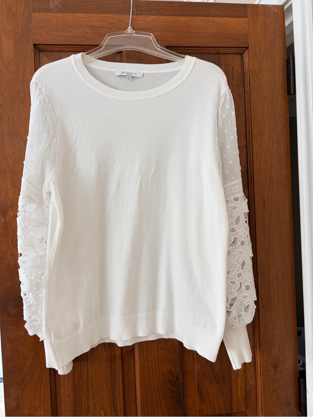 Sinai Milano White Crochet & Mesh Sleeve Pullover Sweater